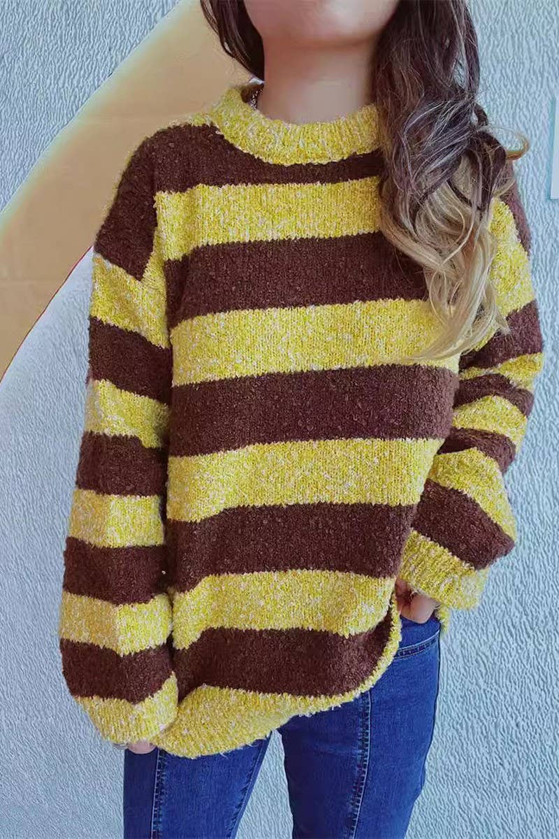 Knitted striped color patchwork pullover sweater