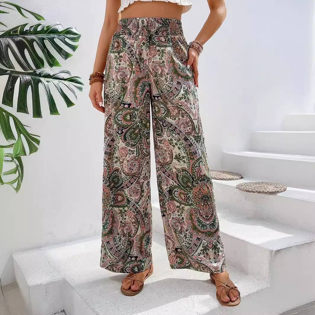 ALL-IN-ONE PRINTED ELASTIC-WAISTED WIDE-LEG PANTS