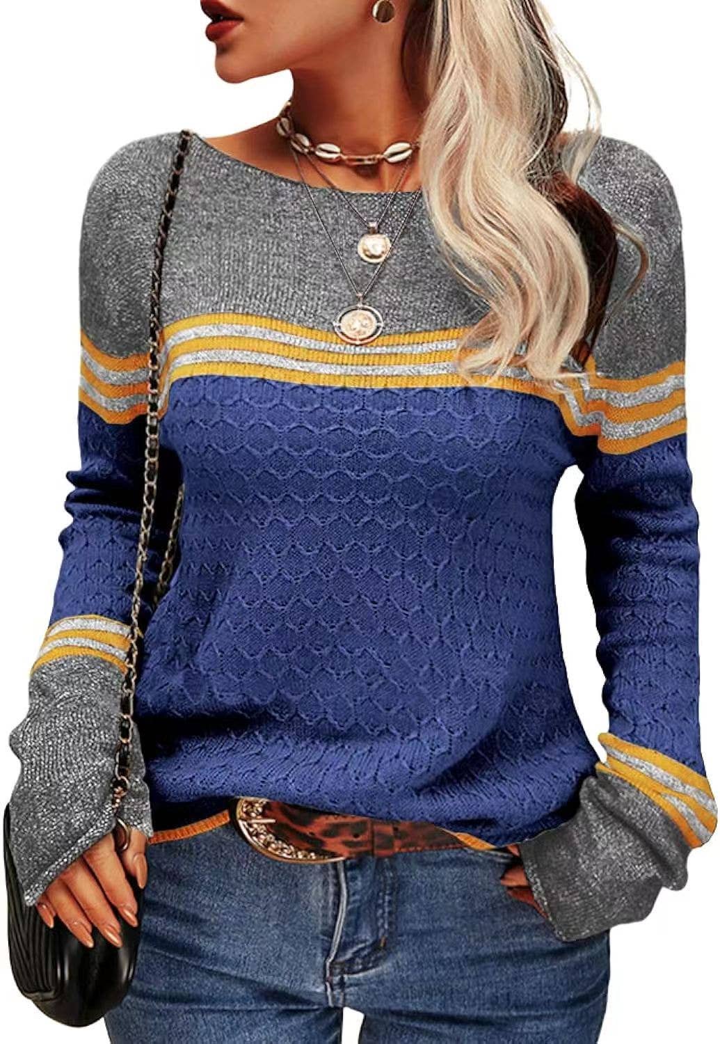 STYLISH CREW-NECK SWEATER WITH STRIPES AND COLORS