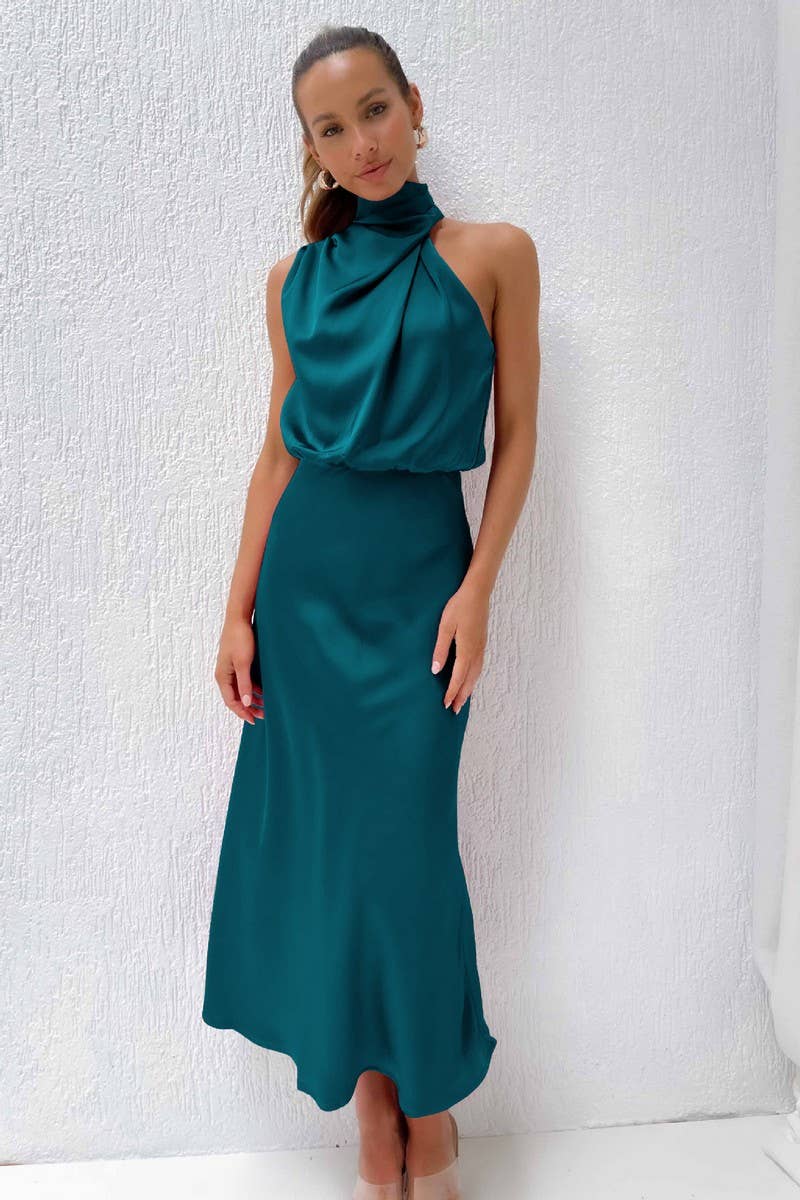 SOLID COLOR SATIN HALTER SLEEVELESS DRESS_CWDMD1302