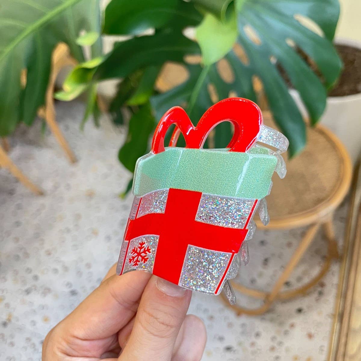 Christmas Hair Claw - Santa Bell Gift House Clip