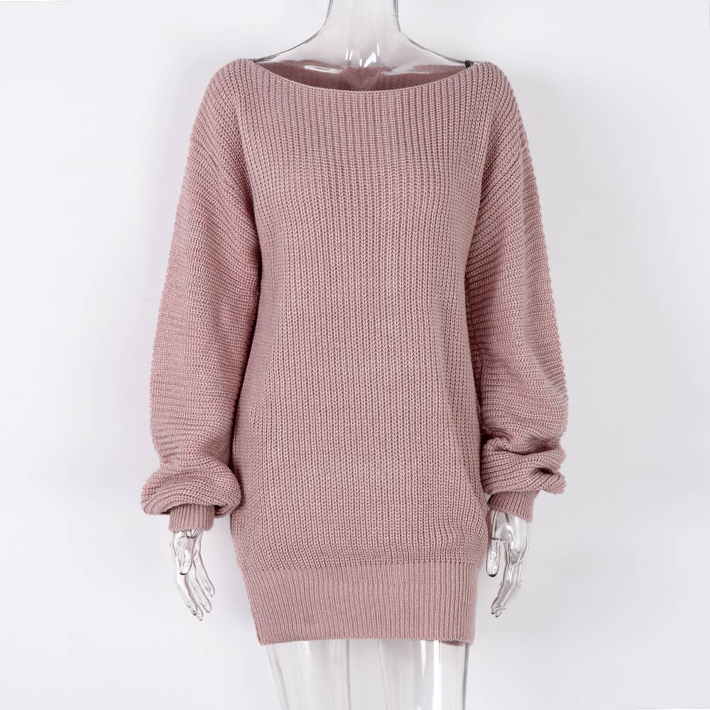LONG-SLEEVED LINE-NECK LOOSE KNIT SWEATER DRESS