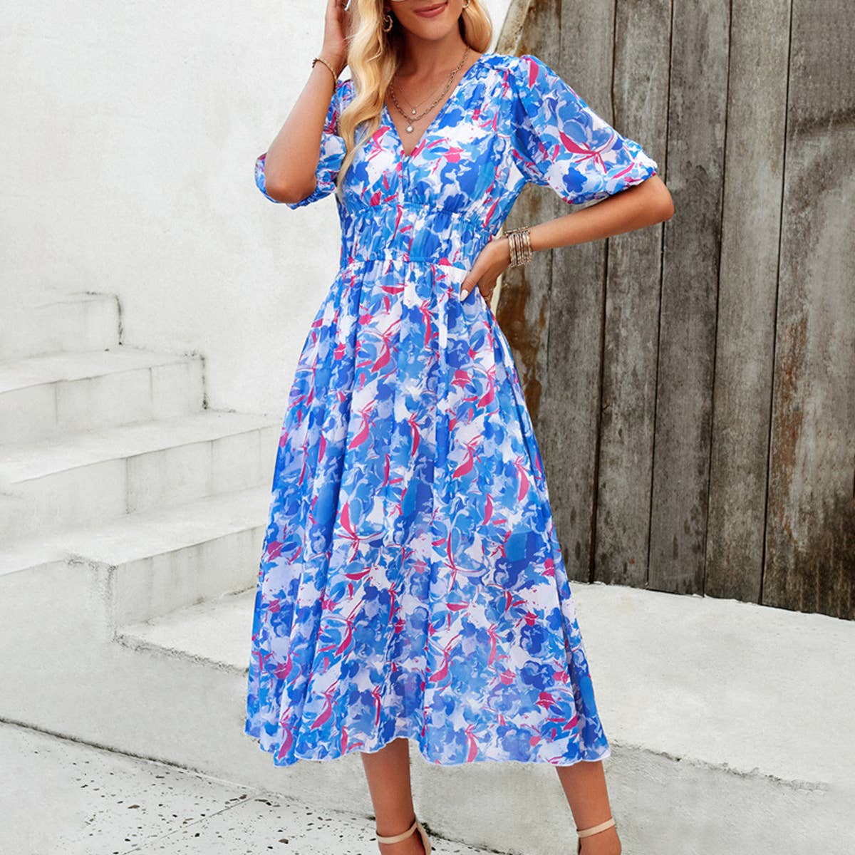 Waist collection printed V-neck dress_CWDMD1502