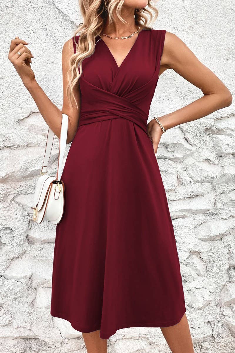 CWDMD5881_V NECK CROSS WAIST RUCHED SLEEVELESS MIDI DRESS