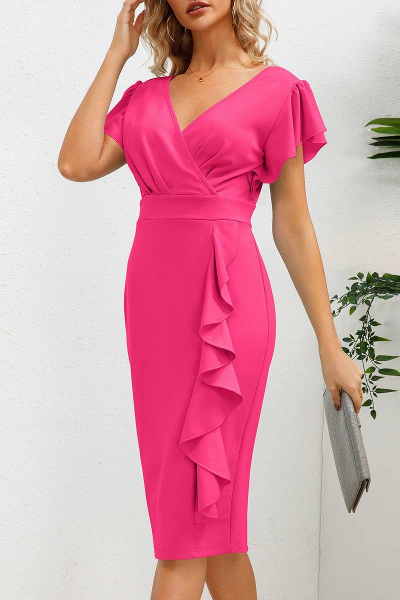 CWDMD2204_V-NECK RUFFLED TRIM TEMPERAMENT DRESS