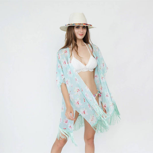 TASSEL FLORAL PRINT OPEN FRONT KIMONO CARDIGAN