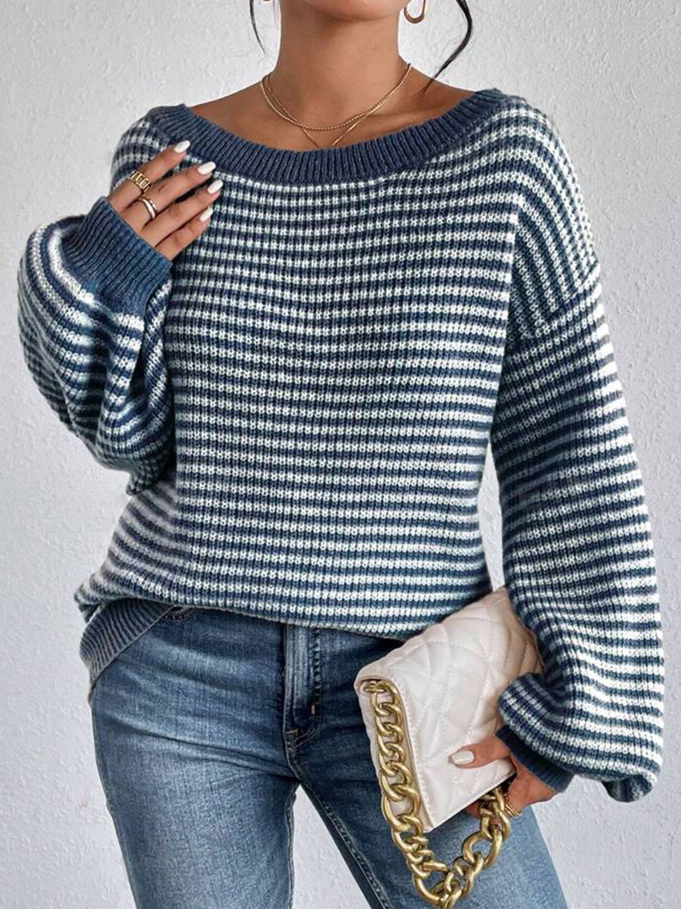 Striped off-the-shoulder sleeve knitted sweater