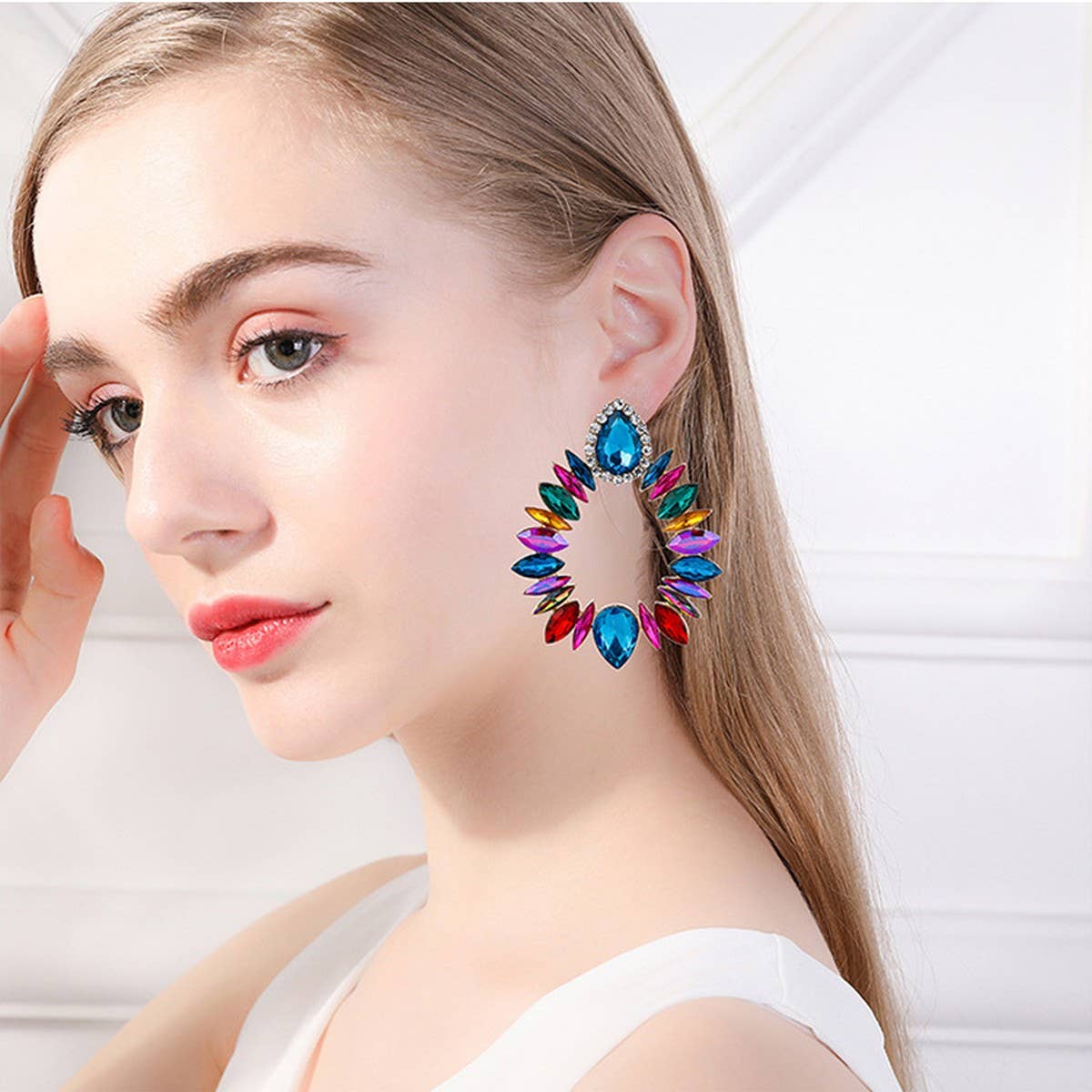 COLORFUL CRYSTAL GEOMETRIC DROP STUD EARRINGS