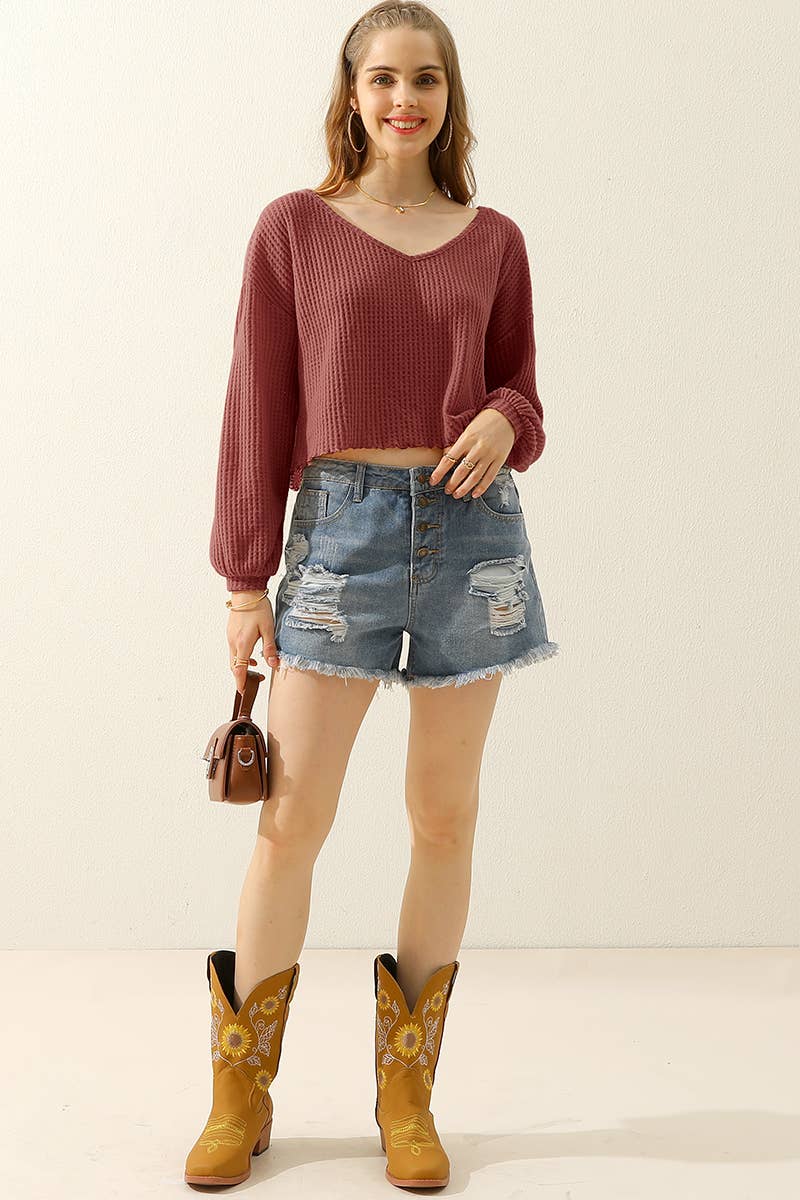 WOMEN V NECK LOOSE LONG SLEEVE BLOUSE_CWTTL1430