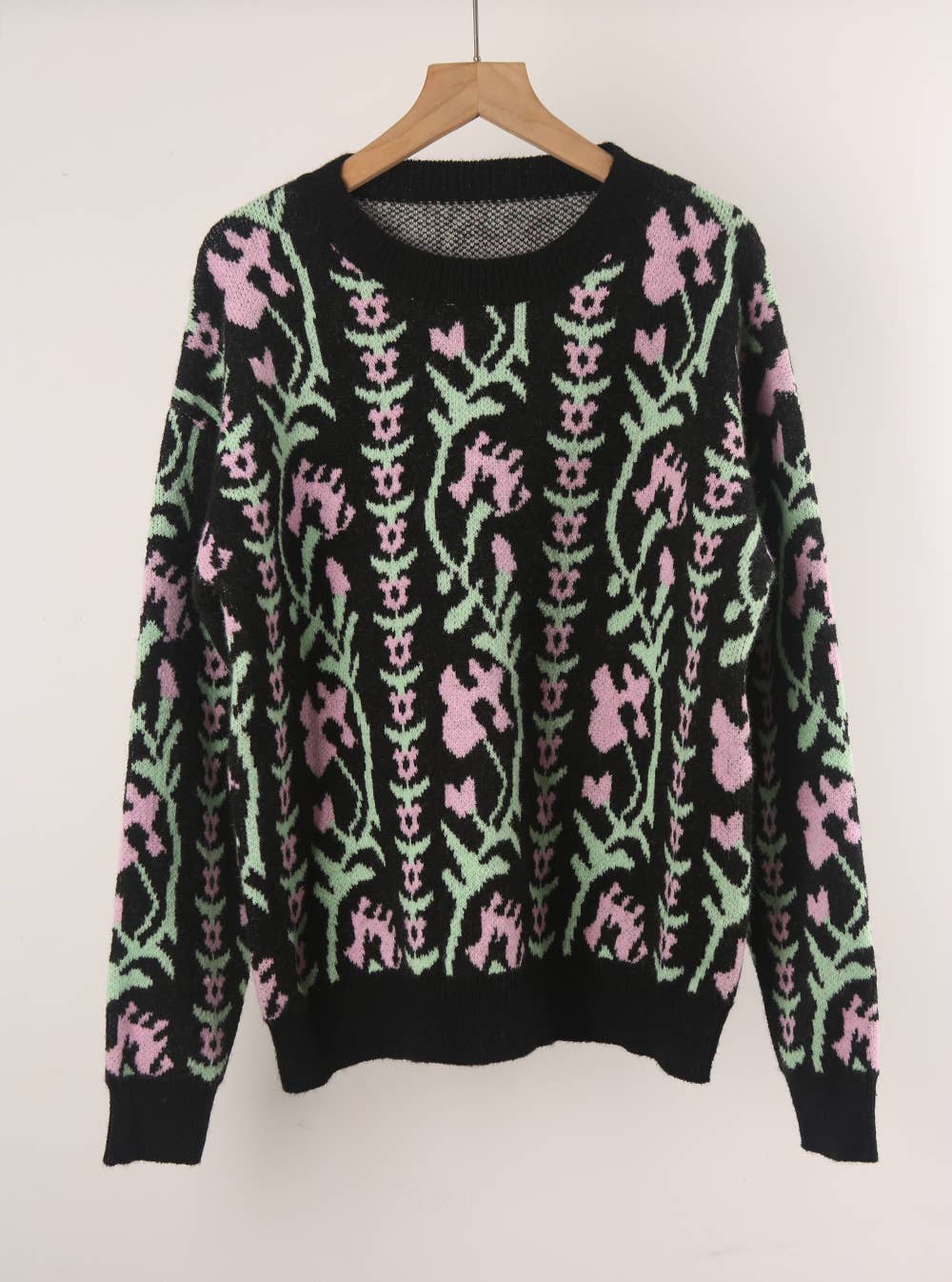 JACQUARD ROUND NECK FLOWER KNIT FASHION SWEATER