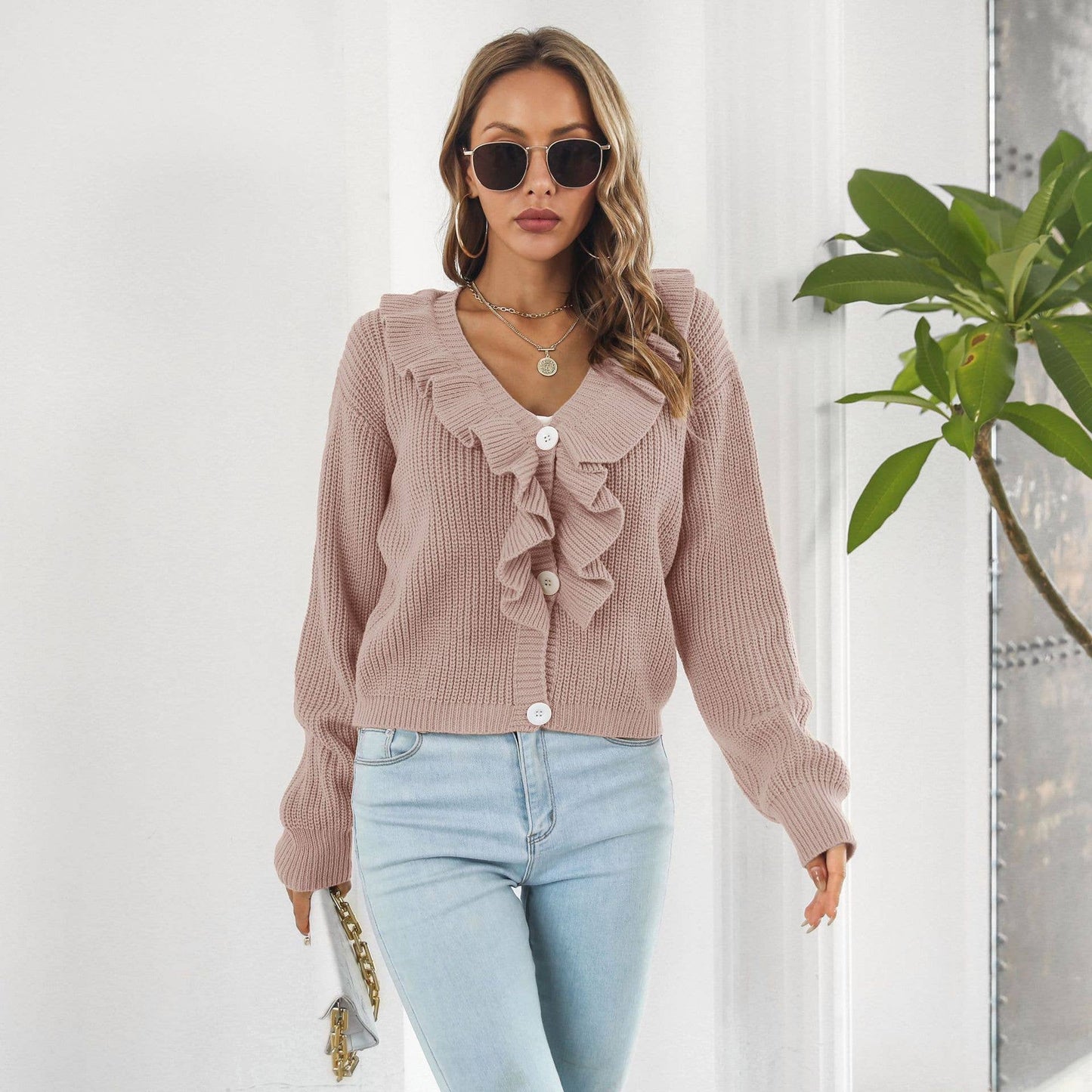Ruffled sweater Loose knit cardigan
