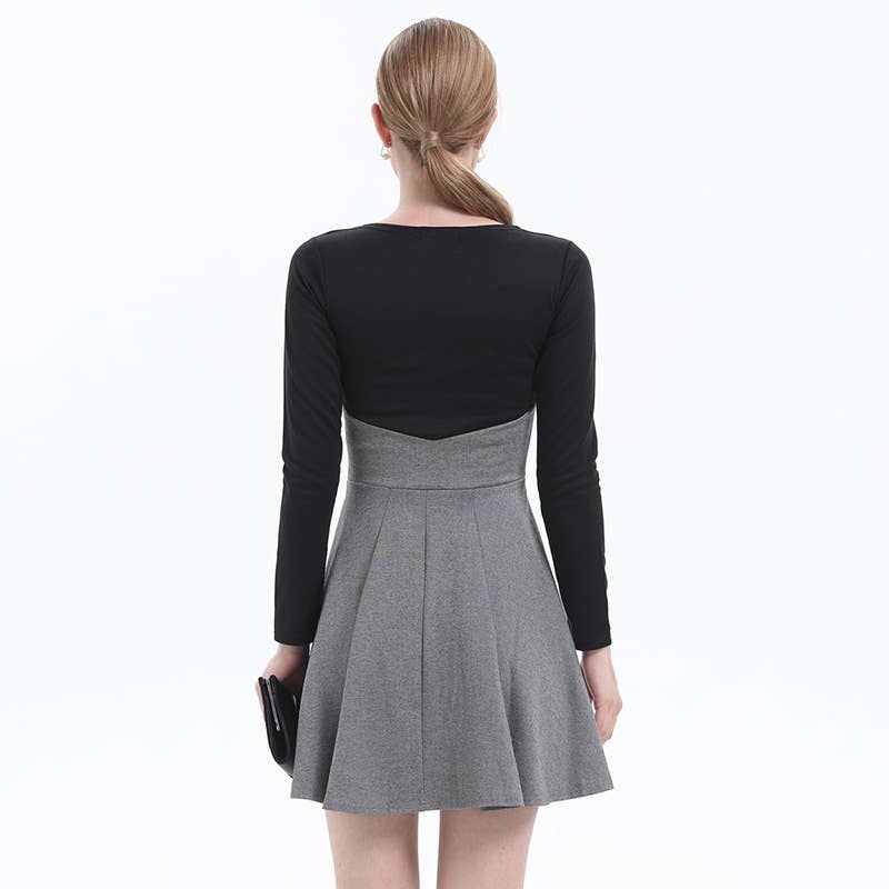 ROUND NECK TEMPERAMENT CONTRAST COLOR SLIM DRESS