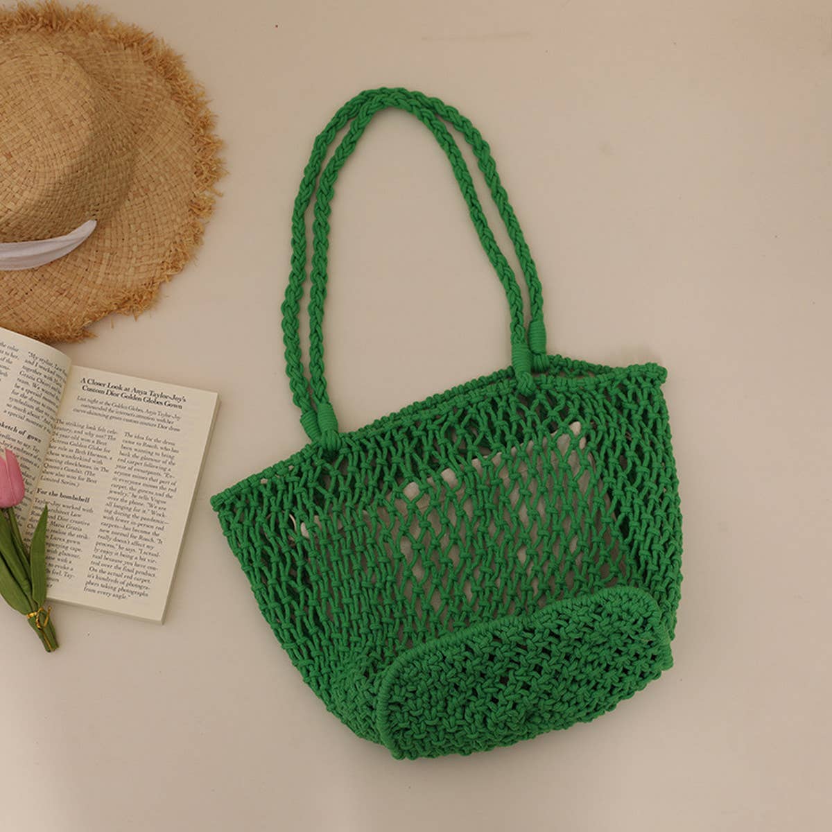 SIMPLE MESH ONE-SHOULDER BEACH STRAW BAG_CWAB1884