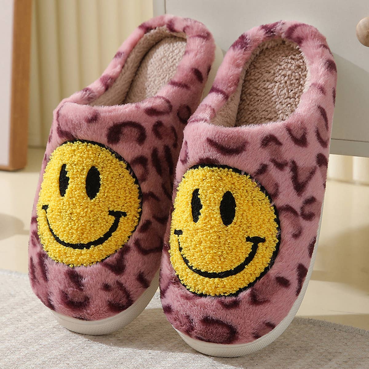 LEOPARD SMILING COTTON FUZZY SLIPPERS WOMEN