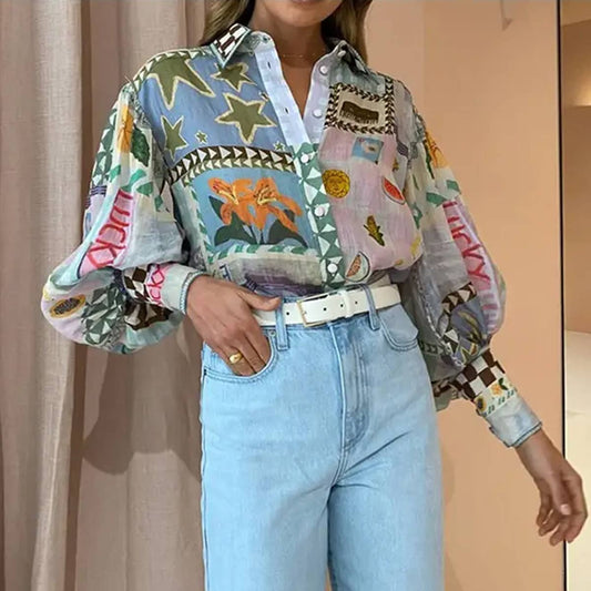 LAPEL PRINT CASUAL FASHION SHIRT FOR WOMEN