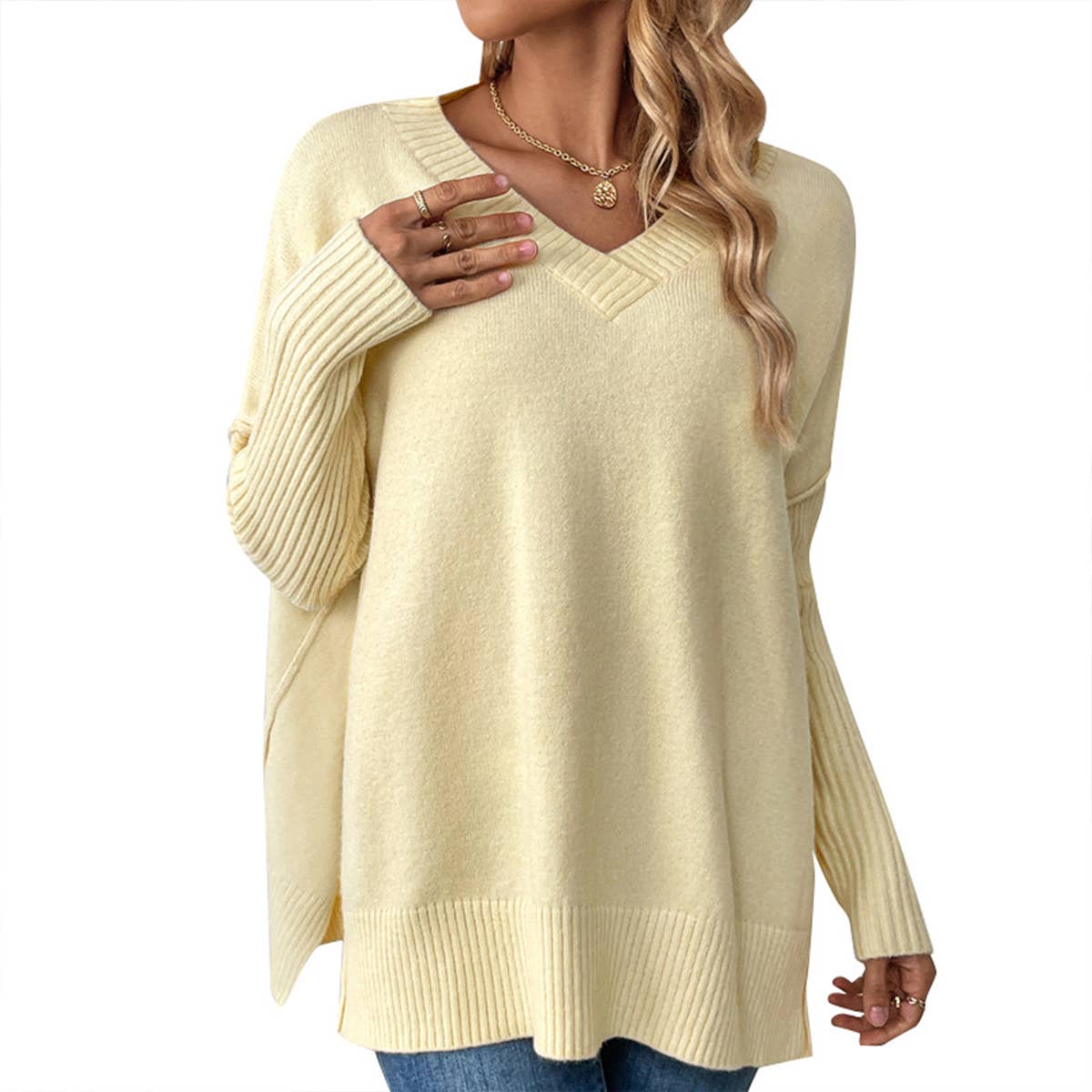 V-neck casual patchwork long-sleeved sweater
