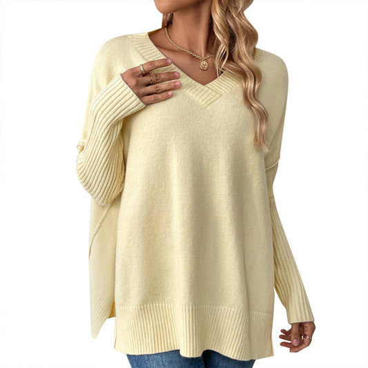 V-neck casual patchwork long-sleeved sweater