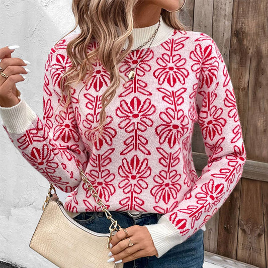 Half Turtleneck Floral Jacquard Crew-Neck Sweater