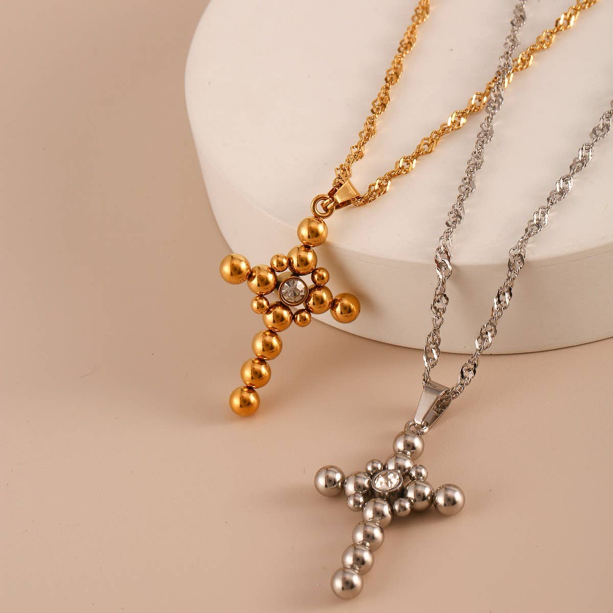 Minimalist Steel Bead Cross Necklace with Zircon