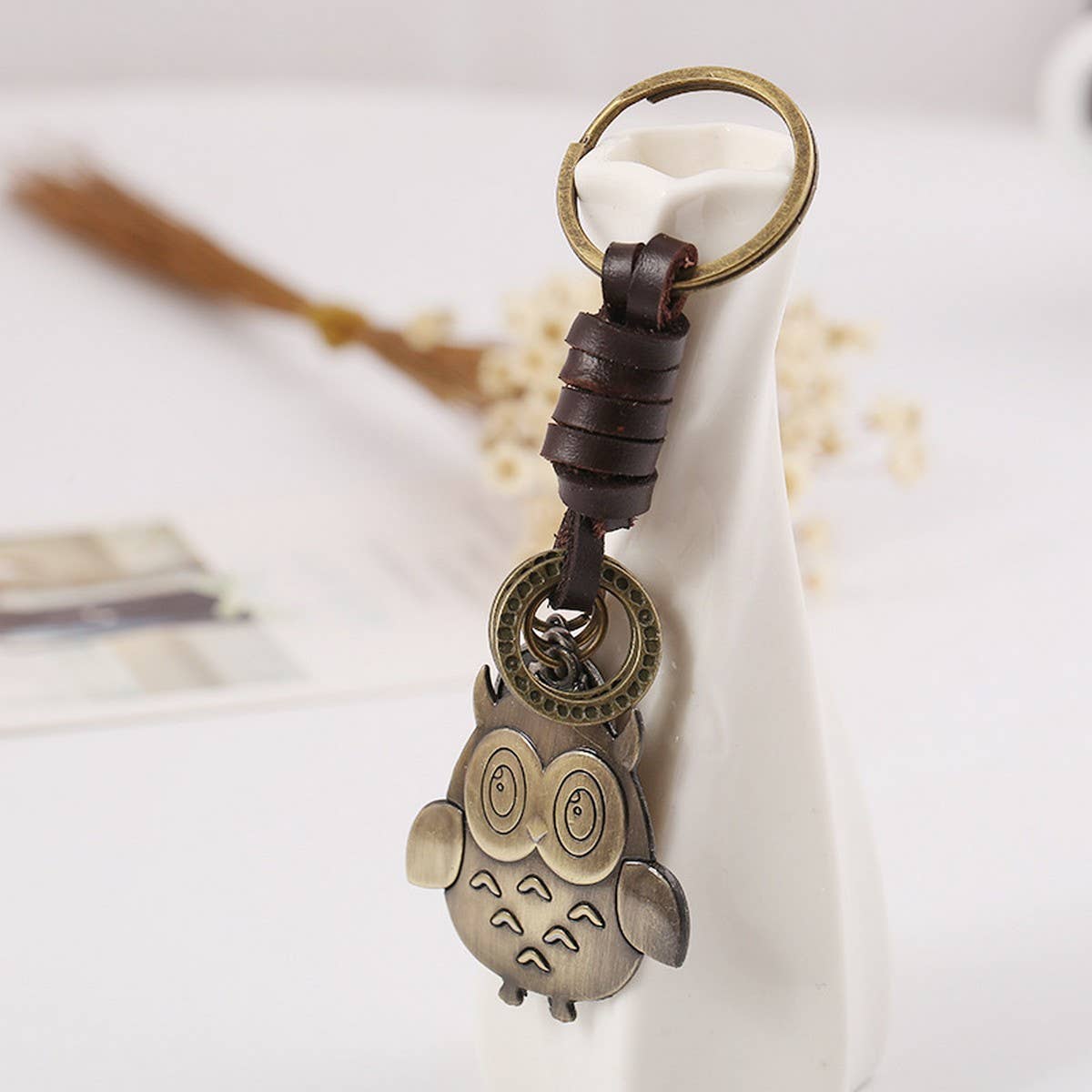VINTAGE BRONZE OWL BRAIDED COWHIDE KEYCHAIN