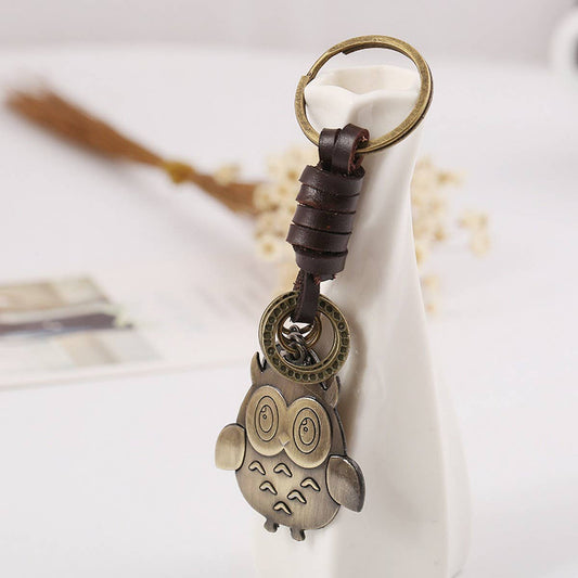 VINTAGE BRONZE OWL BRAIDED COWHIDE KEYCHAIN