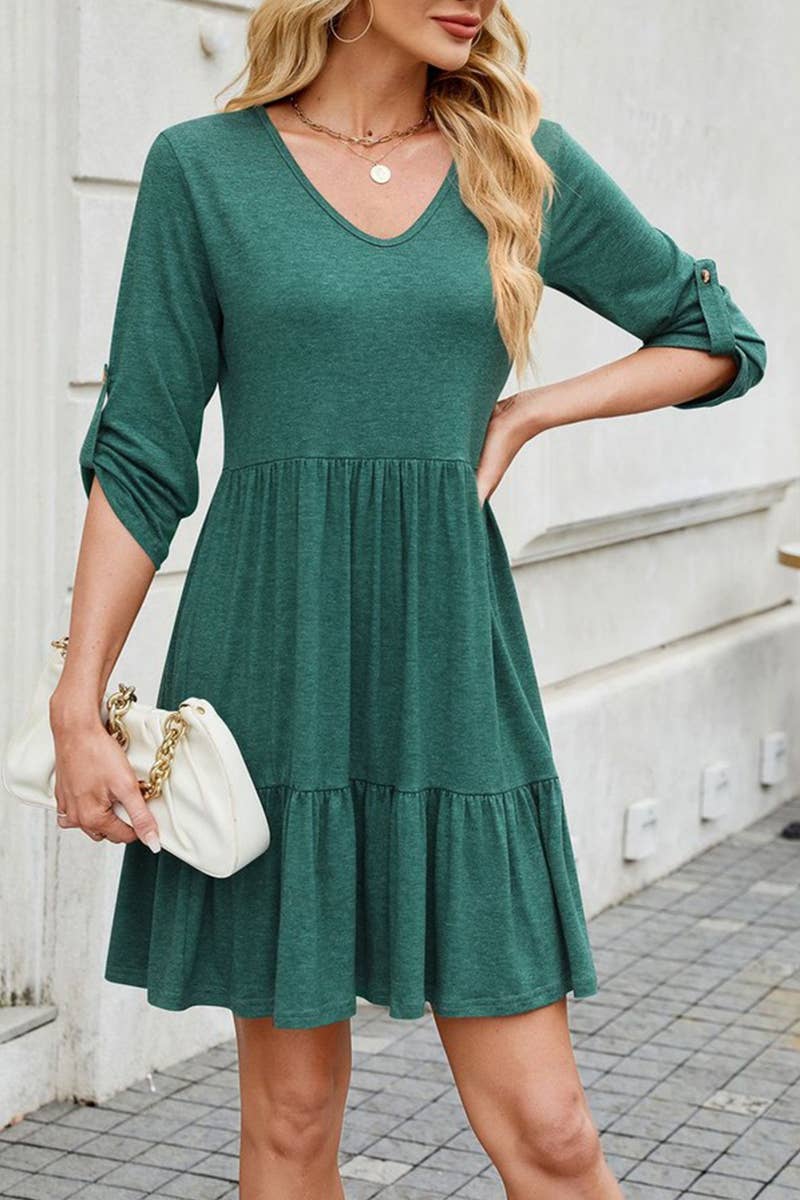 CWDSD7422_LOOSE MID-LENGTH SLEEVE V-NECK PLEATED RUFFLE DRES