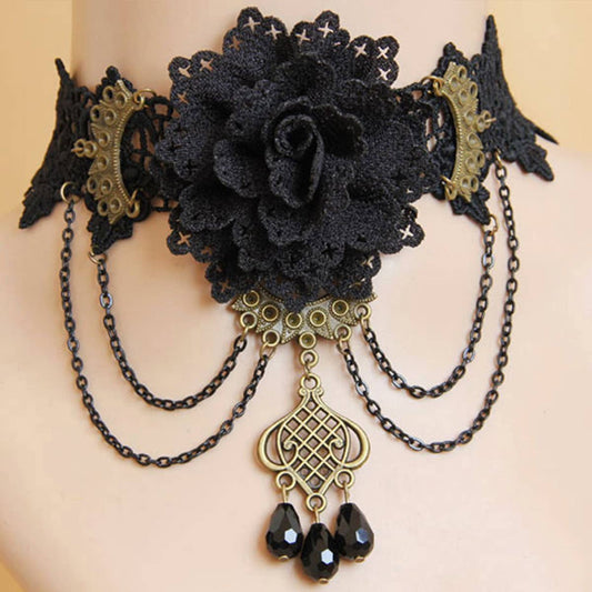 HALLOWEEN FLOWER CRYSTAL LACE SHORT NECKLACE COLLAR