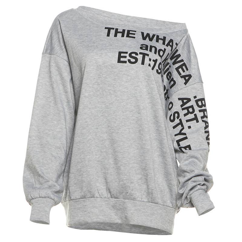 SLANT SHOULDER LETTER-PRINT LOOSE PULLOVER HOODIE