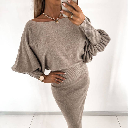 ETHOS ONE-LINE NECK KNITTED SOLID COLOR DRESS