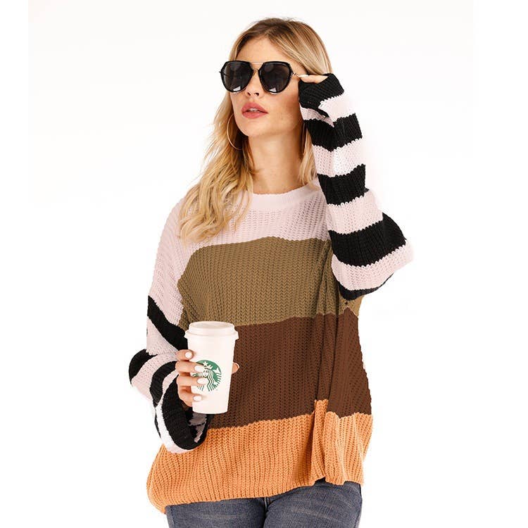 STRIPED SPLICED PULLOVER SWEATER IN INTERCOLOR