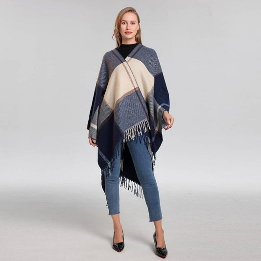 FRINGED SHAWL PLAID SCARF FAUX CASHMERE SLIT CAPE