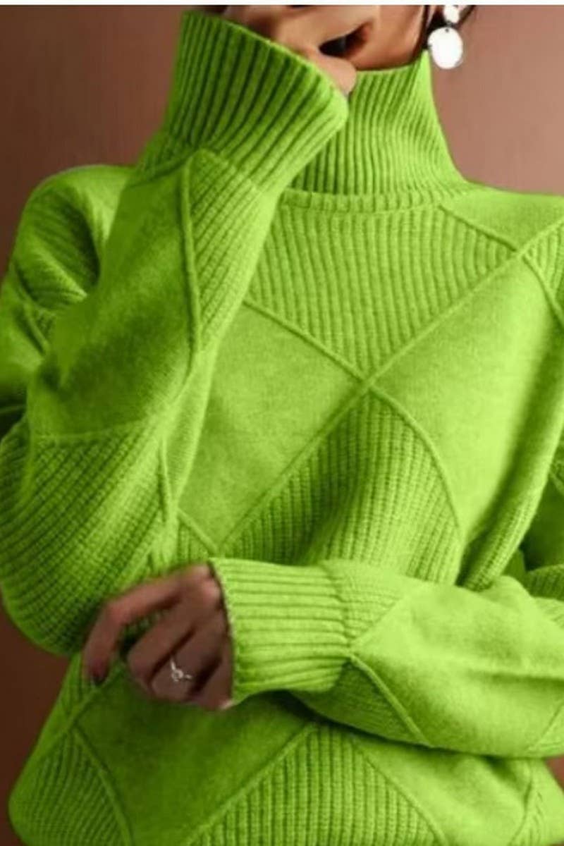 CWOSWL07650_SOLID COLOR HIGH COLLAR DIAMOND CHECK SWEATER