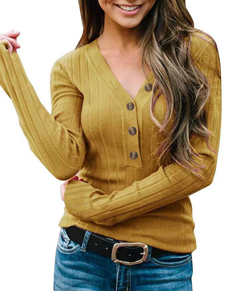 V-NECK BUTTON SOLID COLOR LONG-SLEEVED SWEATER