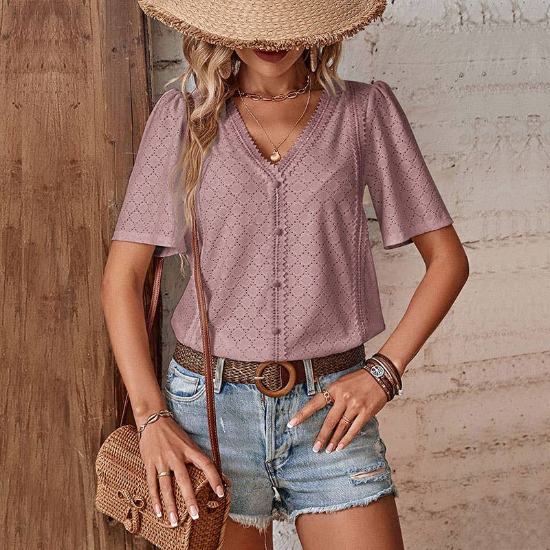 V-neck lace patchwork short-sleeved top