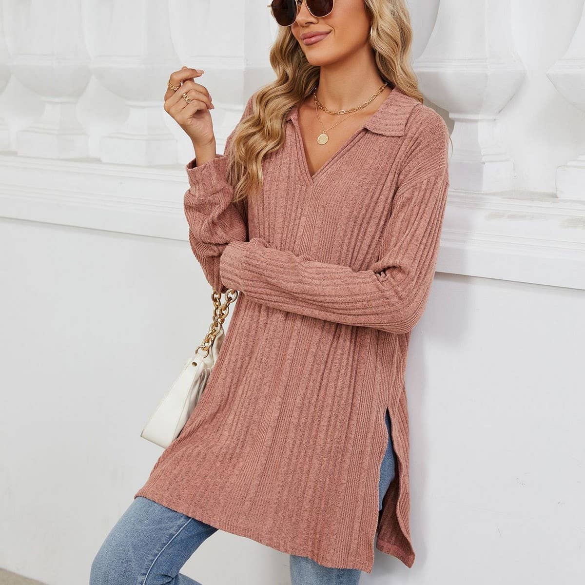 Lapel slit long sleeve loose long T-shirt