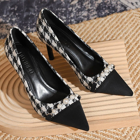 THOUSAND BIRD PLAID SLIM HEEL HIGH HEELS