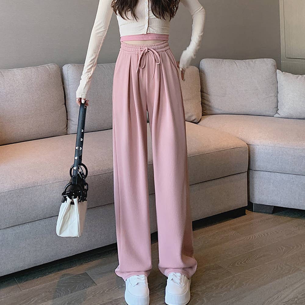 HIGH WAIST DROP KNIT DRAWSTRING WIDE-LEG PANTS