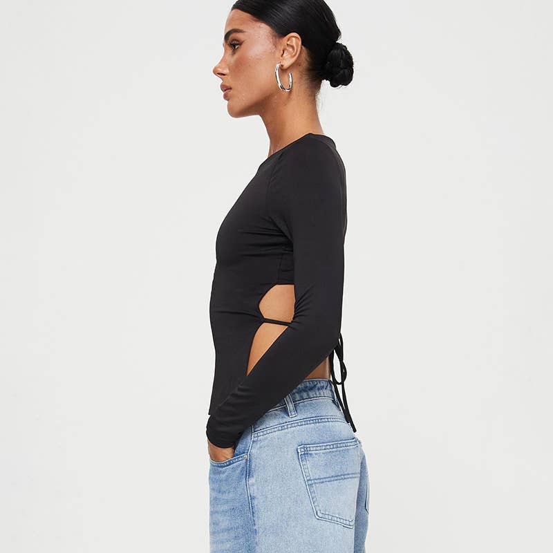 LONG FRONT SHORT BACK LACE-UP SLIM-FIT T-SHIRT