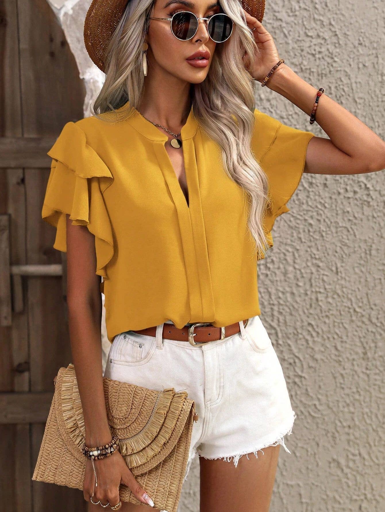 V-NECK CASUAL DOUBLE LAYER LOTUS SLEEVE BLOUSE