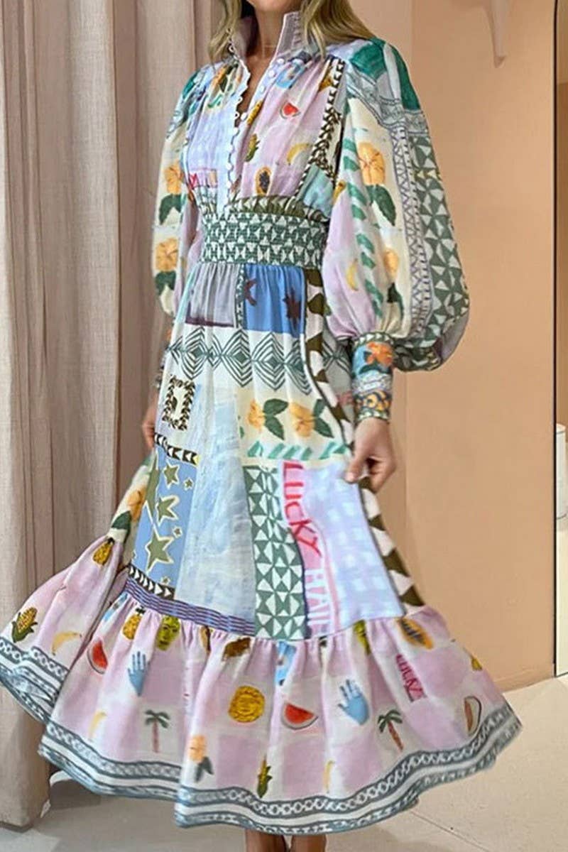 CWDMD5757_SPRING ELEGANT PAINTED FASHION LONG-SLEEVED DRESS