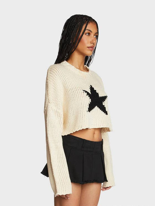 FIVE STAR PATTERN CROP NECK KNIT SWEATER