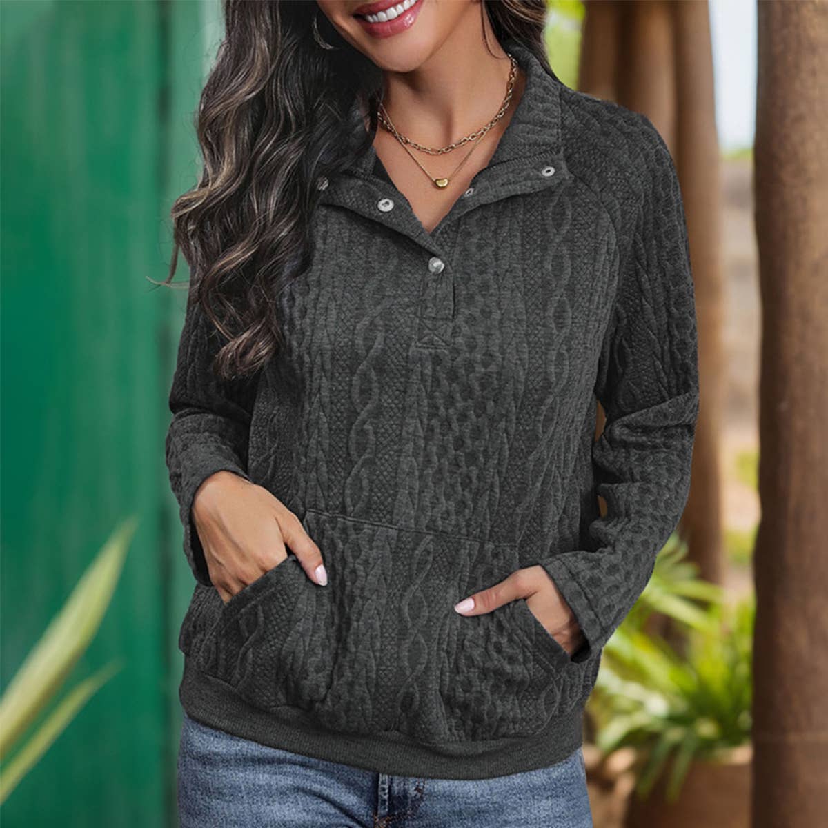 TEXTURED LONG SLEEVE SOLID COLOR HOODIE