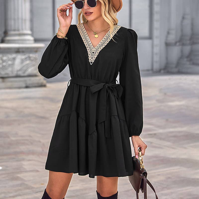 V-NECK SLIM-FIT LACE-UP LONG-SLEEVED DRESS