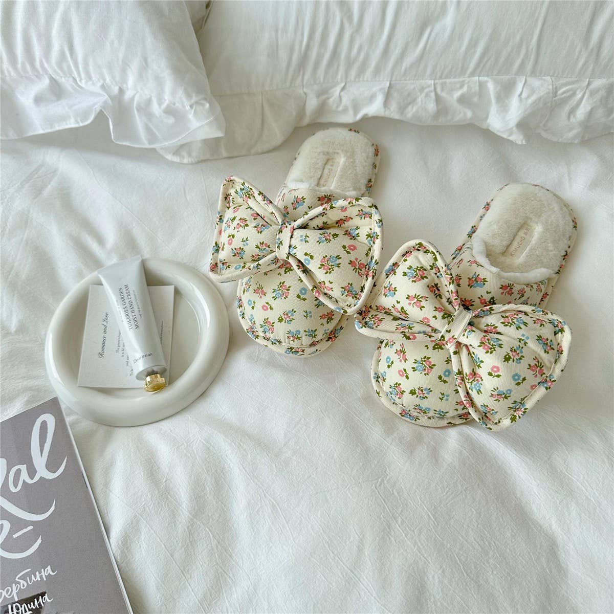 WOMEN'S BOWKNOT FLORAL PLUSH HOME SLIPPERS