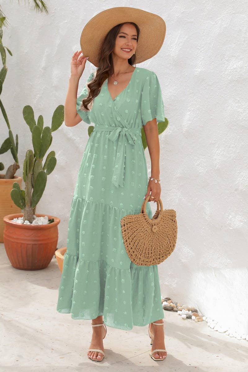 CWDMD2150_V NECK HIGH WAISTED SHORT SLEEVED LONG DRESS