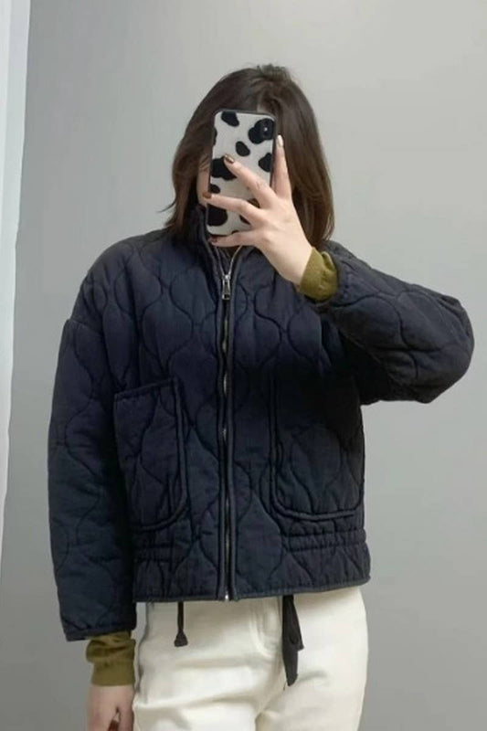 CWOCO1078_STAND COLLAR LARGE POCKET QUILTED COTTON COAT