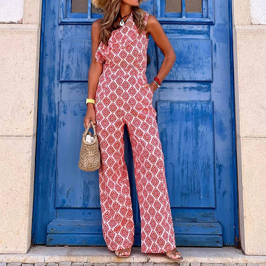 SLANT SHOULDER SLEEVELESS LONG PRINTED JUMPSUIT