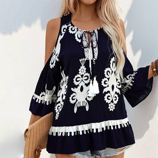 Vintage ethnic patchwork off-the-shoulder blouse