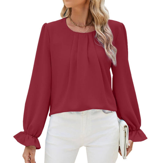 ROUND NECK LOTUS LEAF SOLID COLOR CHIFFON T-SHIRT