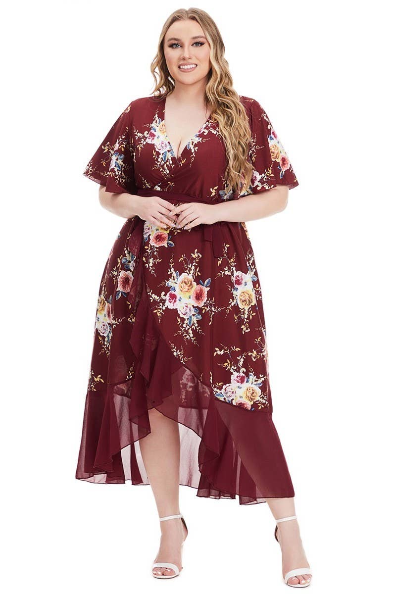 CWDMD3239_PLUS SIZE V-NECK RUFFLE IRREGULAR PRINT LONG DRESS